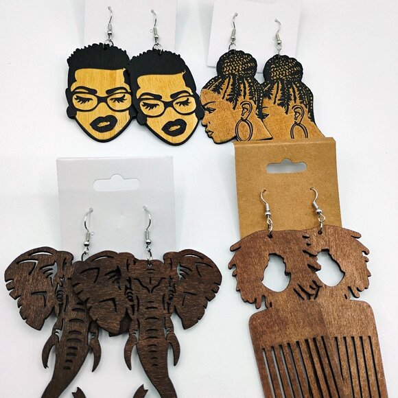 Wood earrings lot 4 pair new condition - Picture 1 of 2